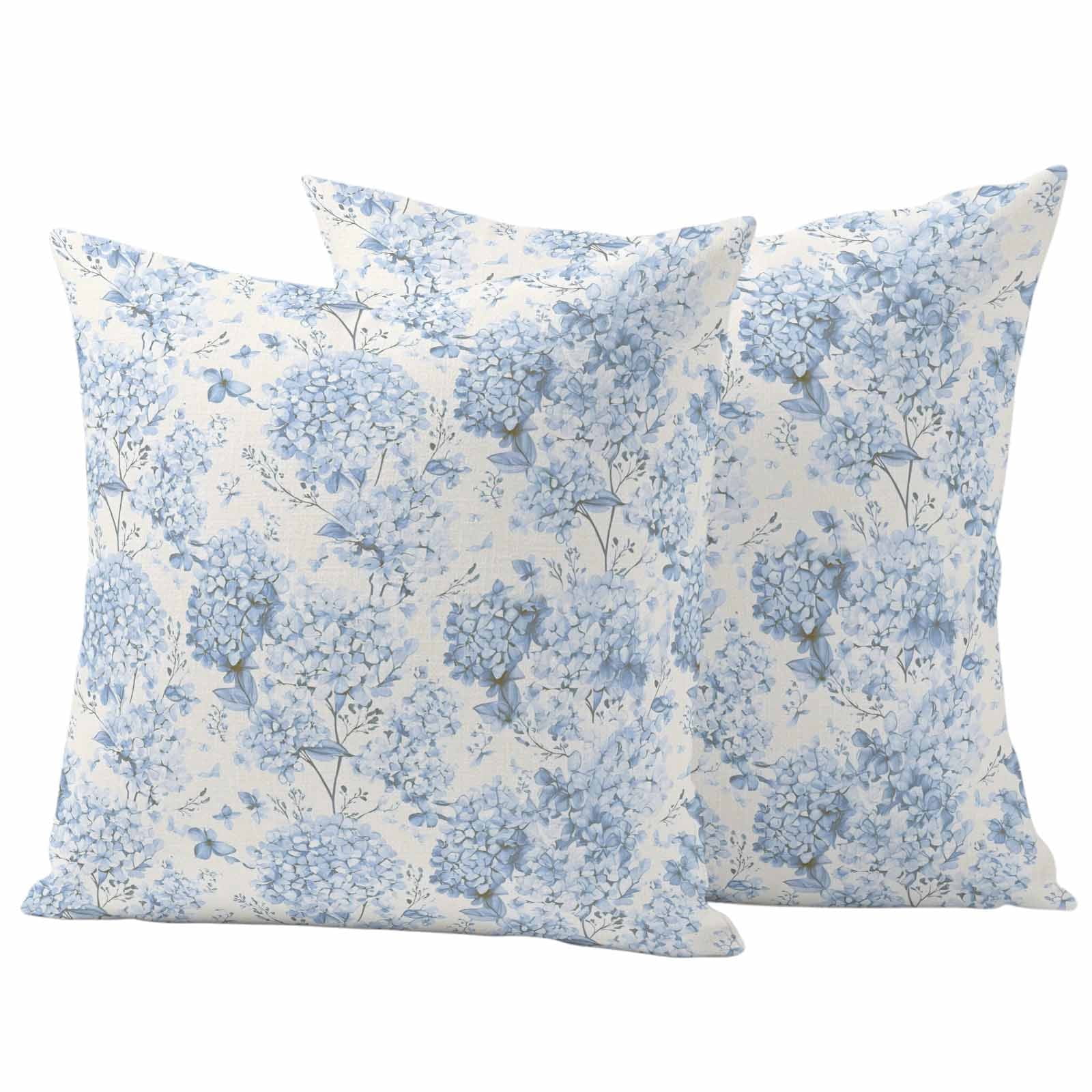 Spring Blue Flower Pillow Covers 2 Pack Hydrangeas Floral Leaf Plants Vintage Pillowcase Waterproof Outdoor Throw Pillow Cover for Patio Garden Square Cushion 16”x16”