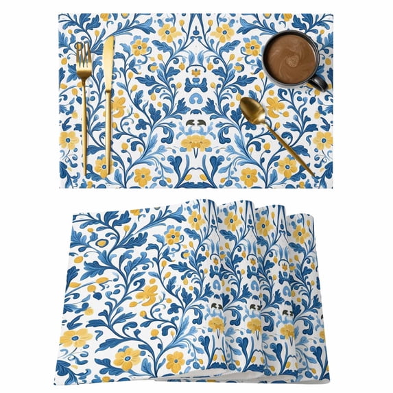 Spring Blue Flower Placemats Set of 2, Country Farm Watercolor Yellow Floral Leaf Non-Slip Place Mats Washable Table Mats for Kitchen Dining Table Decorations Indoor/Outdoor