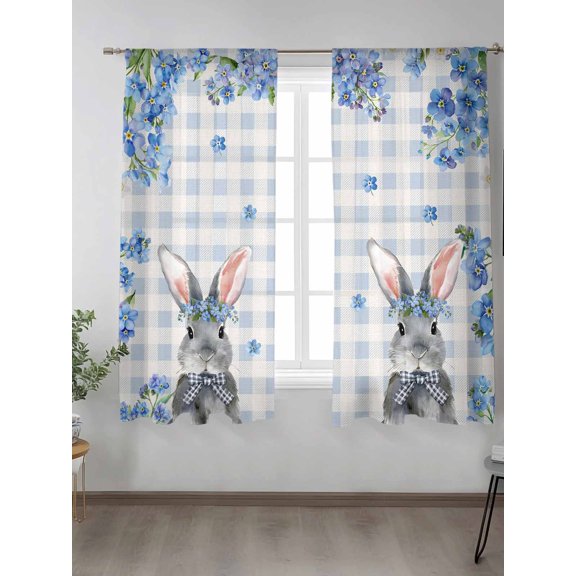 Spring Blue Flower Rabbit Chiffon Sheer Curtains 72 Inches Long, Retro Buffalo Plaid Pastoral Floral 2 Rod Pocket Window Treatment Voile Drapes Curtains for Living Room Bedroom,2 Panels, 52x72In