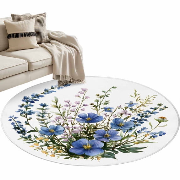 Spring Blue Flower Round Area&nbsp;Rug 3.3ft Ruffled Watercolor Blue Purple Floral Leaf Non-Slip&nbsp;Washable Circle Rugs Soft Felt Indoor Floor Mat for Bedroom Kitchen Living Room Bathroom