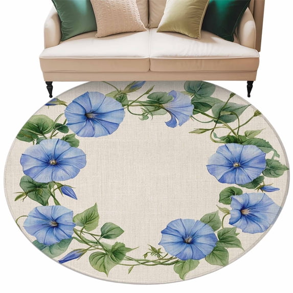 Spring Blue Flower Wreath Round Area&nbsp;Rug 5ft Country Watercolor Floral Bud Leaf Linen Non-Slip&nbsp;Washable Circle Rugs Soft Felt Indoor Floor Mat for Bedroom Kitchen Living Room Bathroom