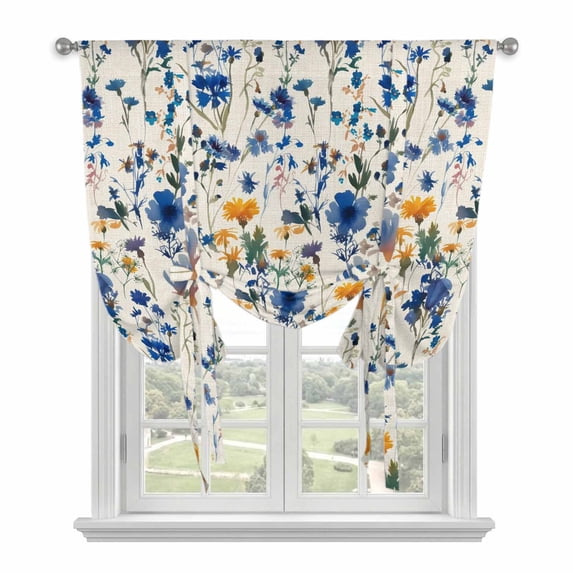 Spring Blue Flowers Balloon Curtains 63 Inch Length for Living Room/Bedroom, Vintage Floral Botanical Rustic Garden Rod Pocket Privacy Door Curtains Decorative Tie Up Shade for Window 52"x63"