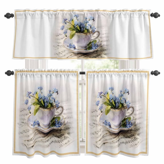Spring Blue Flowers Kitchen Curtains Sets for Windows 36 Inch Length, Retro Tea Cup Phrases Country Rod Pocket Window Treatments Tier Curtains and Valances Set for Bedroom/Bathroom