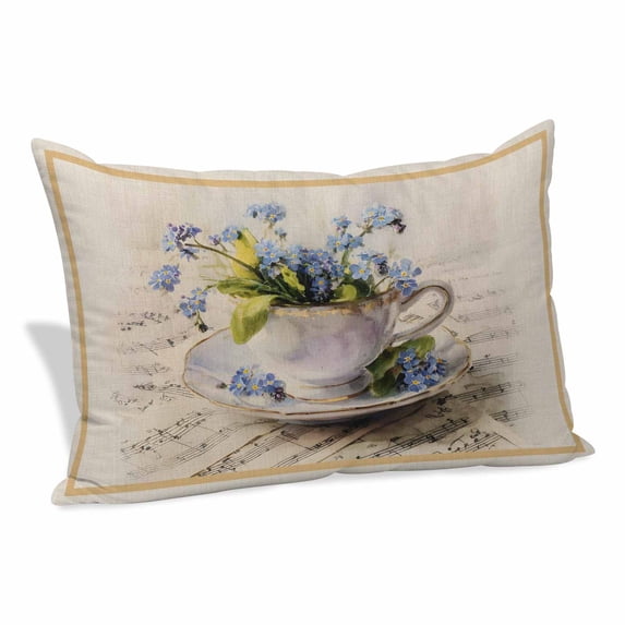 Spring Blue Flowers Pillow Covers, Linen Long Throw Pillow Case, Vintage Tea Cup Phrases Pastoral Holiday Pillow Protector Decorative Cushion Cover for Living Room/Bedroom 12" x 20"