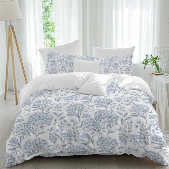 Spring Blue Flowers Queen Size Comforter Set, Hydrangeas Floral Leaf Farm Plants Bedding for All Seasons, 4 Pcs Bed Set, 1Quiltcover (90"x92") ,1Sheet(94"x116"), 2Pillowcases (30"x20")