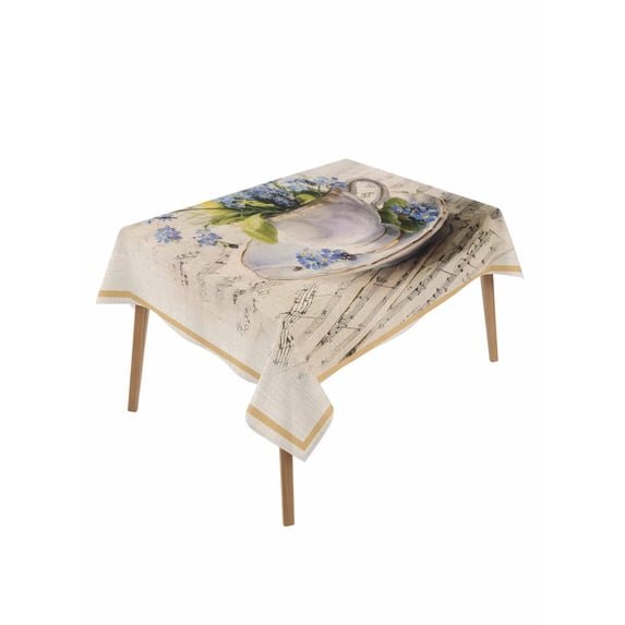 Spring Blue Flowers Rectangle Tablecloth, Vintage Tea Cup Phrases Pastoral Waterproof & StainResistant Tablecloth, Washable Oil-proof Table Cover for Dining/Party/Wedding/Camping/Buffet 60x84 In