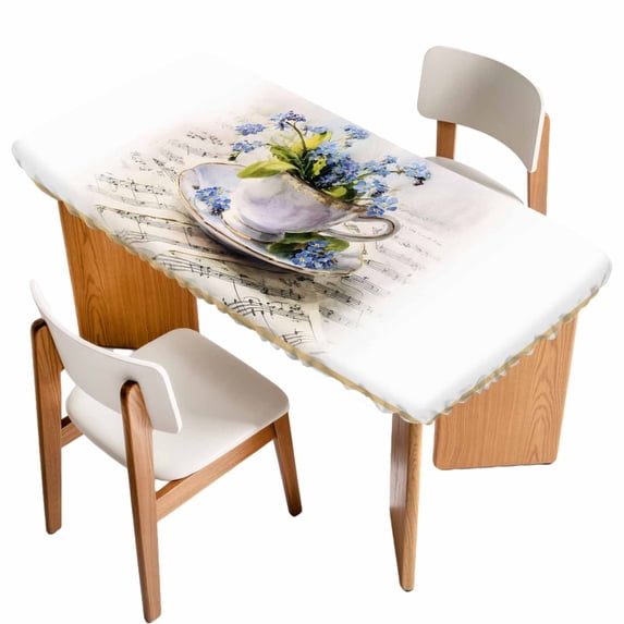 Spring Blue Flowers Table Cloths for 4 Foot Rectangle Tables, Retro Tea Cup Phrases Country Patio Waterproof Elastic Fitted Tablecloths, Washable Rectangular Table Cover for Camping