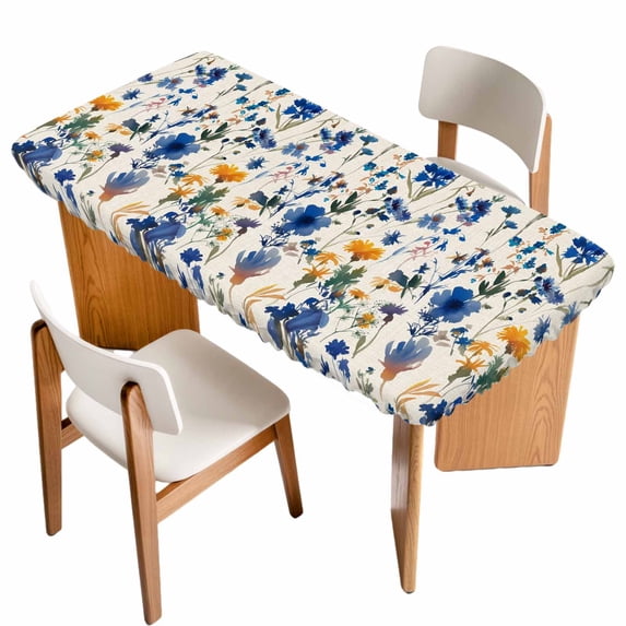 Spring Blue Flowers Table Cloths for 4 Foot Rectangle Tables, Vintage Floral Botanical Rustic Garden Patio Waterproof Elastic Fitted Tablecloths, Washable Rectangular Table Cover for Camping
