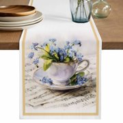 Spring Blue Flowers Table Runner, Retro Tea Cup Phrases Country Washable Cotton Linen Table Runners 48 Inches Long, Dresser Scarf Runner for Nightstand/Coffee/End Tables 13''x48''