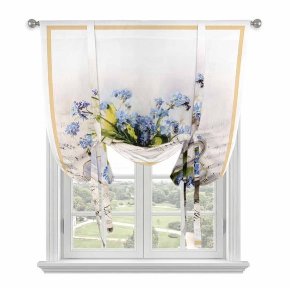 Spring Blue Flowers Tie Up Curtains 45 Inches Long, Kitchen Window Curtains Over Sink, Retro Tea Cup Phrases Country Small Window Curtains Shade Balloon Curtains Valances for Bedroom/Cafe 34"x45"