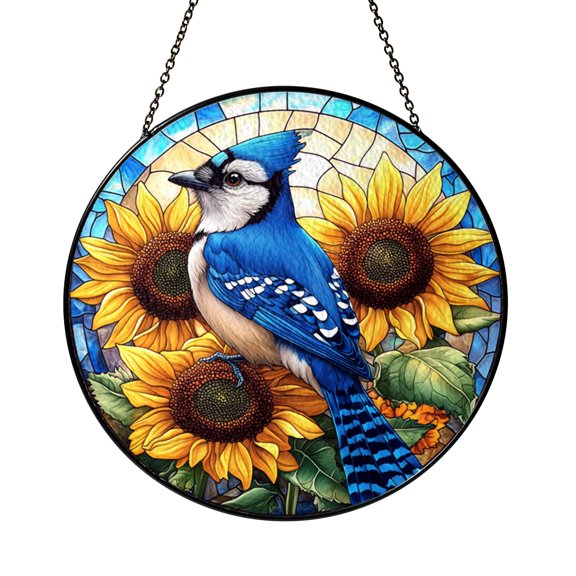 Spring Blue Jay Stained Glass Suncatcher, Round Window Hanging with Paired Birds and Blooming Flowers, Cheerful Decor