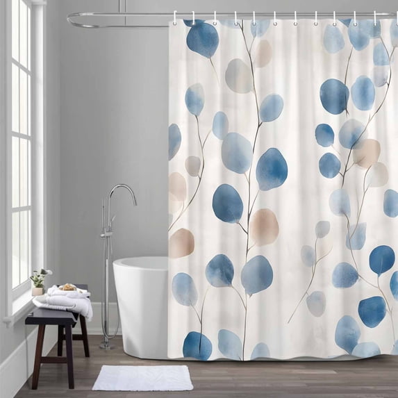 Spring Blue Leaf Shower Curtain for Bathroom Decor, Watercolor Branch Farmhouse Plant Waterproof Fabric Shower Curtain, 72"x72" Set with 12 Hooks