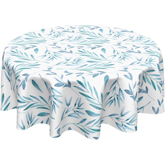 Spring Blue Leaf Tablecloth Round 60 Inch Summer Watercolor Teal Leaves Table Cloth Rustic Farmhouse Polyester Fabric Table Cover for Kitchen Dining Room Party Home Decor