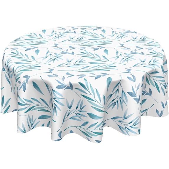 Spring Blue Leaf Tablecloth Round 60 Inch Summer Watercolor Teal Leaves Table Cloth Rustic Farmhouse Polyester Fabric Table Cover for Kitchen Dining Room Party Home Decor