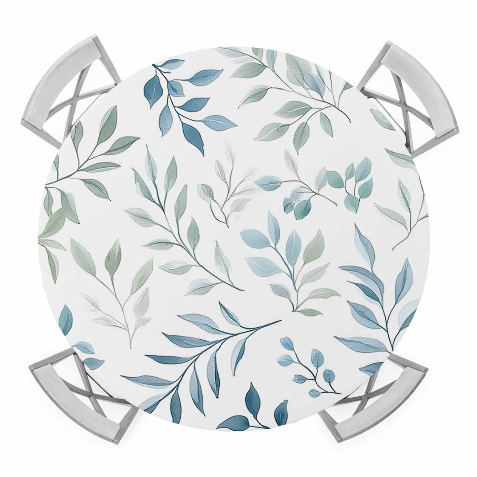 Spring Blue Leaves Elastic Fitted Round Table Cover Watercolor Leaf ...