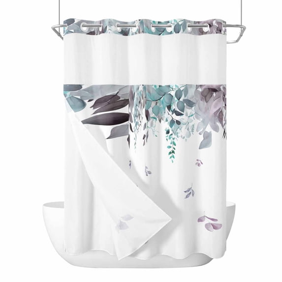 Spring Blue No Hooks Shower Curtain with Snap-in Liner Eucalyptus Leaves Shower Curtains for Bathroom, Waterproof, Easy Install, Washable 48"x72"
