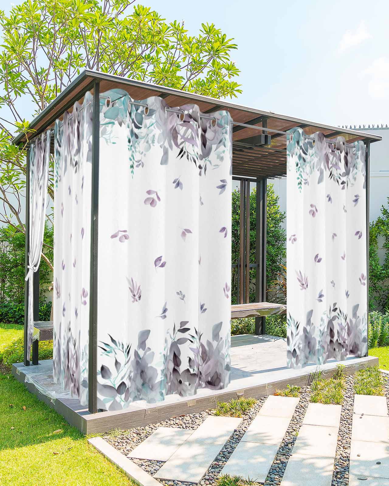 Spring Blue Outdoor Curtains for Patio, Eucalyptus Leaves Waterproof