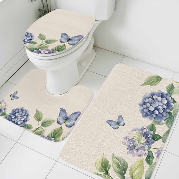 Spring Blue Purple Hydrangea Bathroom Rugs Set Country Watercolor Floral Butterfly Leaf Linen Non Slip Absorbent Bath Mats 3 Piece Set, U-Shaped Floor Mat, Toilet Seat Cover Small Size