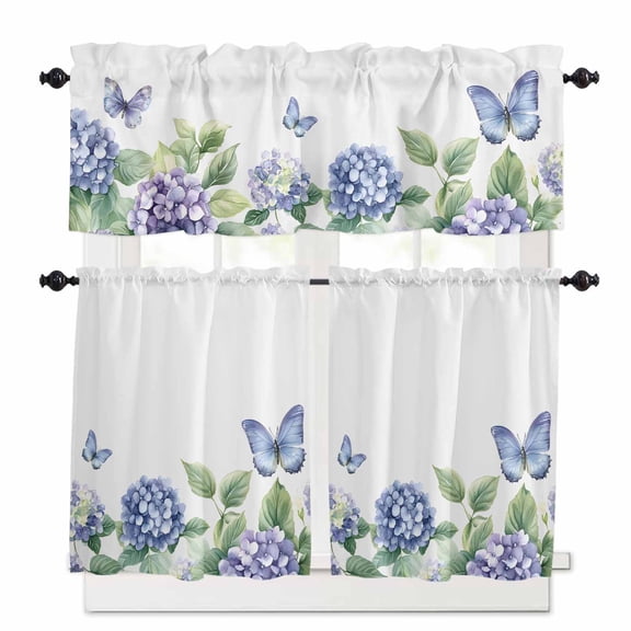 Spring Blue Purple Hydrangea Kitchen Curtains Valances and Tiers Set of 3 Country Watercolor Floral Butterfly Leaf Tier Curtains and Valance for Small Windows 27.5"W x 24"L (Pack of 3)
