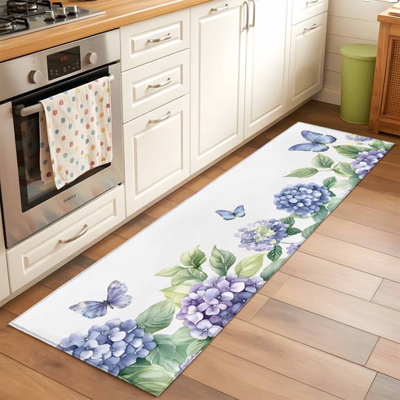 Spring Blue Purple Hydrangea Runner Rugs 2x6 ft Country Watercolor Floral Butterfly Leaf Washable Hallway Rugs Non-Slip Floor Mats Absorbent Carpet Bedside Runners for Bedroom Kitchen Laundry Room