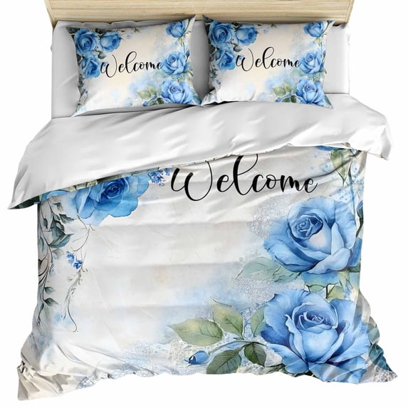 Spring Blue Rose Bedding 3 Piece Duvet Cover Set Twin Size, Green Leaves Vintage Country Rustic Soft Microfiber Comforter Cover with Zipper Closure & Pillowcases, Wrinkle & FadeResistant Quilt Cover