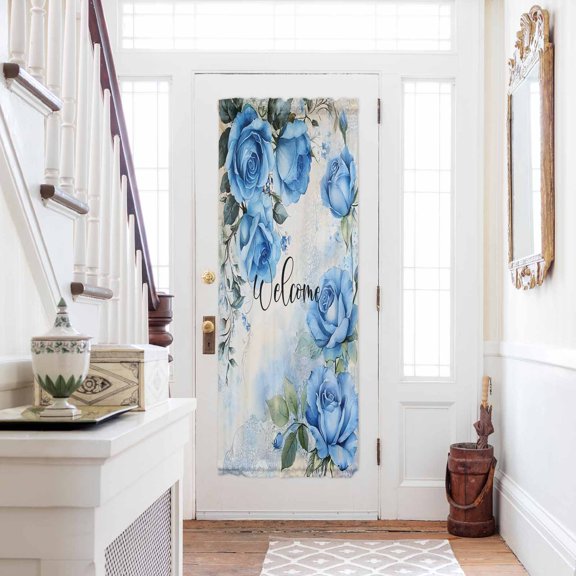 Spring Blue Rose Door Curtains for Door Window, French Sidelight Front Back Door Curtains With Tieback, Green Leaves Vintage Country Rustic Kitchen Rod Pocket Drapes Panel, 25"x72"