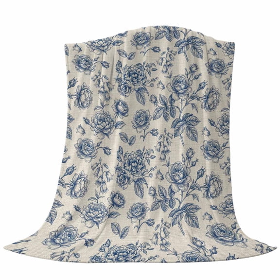 Spring Blue Rose Fleece Throw Blanket Country Vintage Pastoral Blue Flowers Linen Texture Ultra Soft Fuzzy Cozy Flannel Throw Blanket for Couch Sofa Bed Car Travel, Ideal Gifts 40x50 Inches