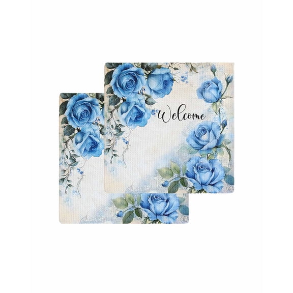 Spring Blue Rose Kitchen Dish Towels for Drying Dishes Set of 2, Green Leaves Vintage Country Rustic Waffle Weave Microfiber Terry Hand Tea Bathroom Towels Quick Dry & Absorbent Towel 12x12