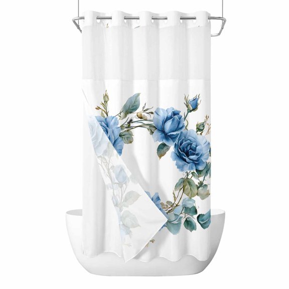 Spring Blue Rose No Hooks Shower Curtain with Snap-in Liner Flowers Leaf Shower Curtains for Bathroom, Waterproof, Easy Install, Washable 36"x72"
