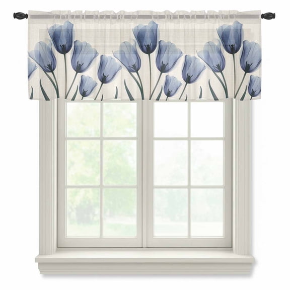 Spring Blue Semi Sheer Valance Curtains Flowers X-ray Image of Tulips Floral Retro Voile Valances Curtain Rod Pocket Small Window Treatment for Kitchen Bathroom Cafe 42"x12"