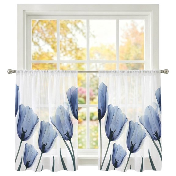 Spring Blue Sheer Curtains 45 inches Long, Flowers Image of Tulips Floral Light Filtering Sheer Window Curtains Rod Pocket Voile Drapes for Bedroom Living Room, 2 Panels