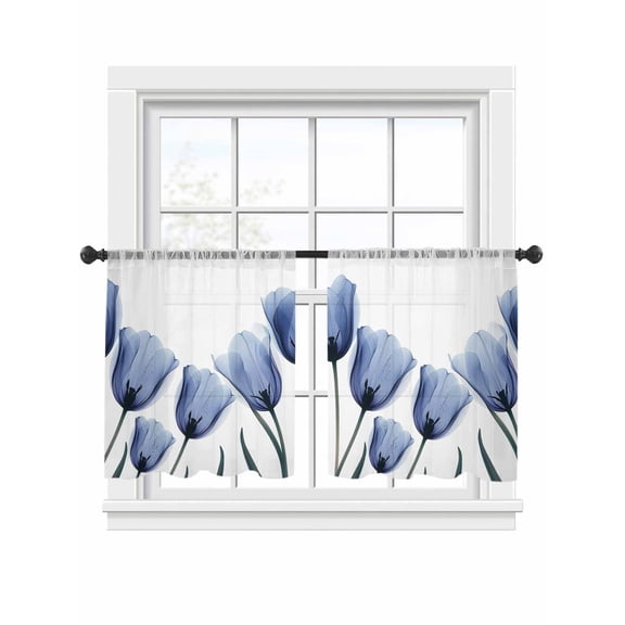 Spring Blue Sheer Curtains for Living Room Bedroom, Flowers X-ray Image of Tulips Floral Light Filtering Sheer Curtain Rod Pocket Voile Window Treaments Drapes, 52 x 45 Inches