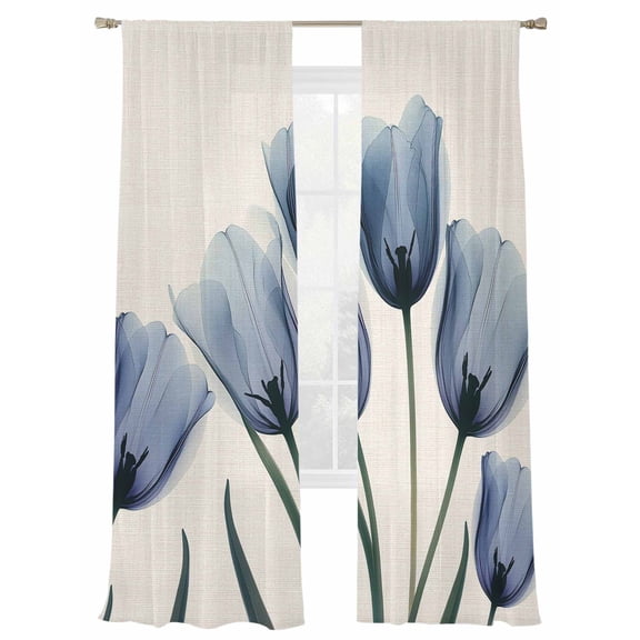 Spring Blue Sheer Curtains for Living Room Bedroom, Flowers X-ray Image of Tulips Floral Retro Light Filtering Sheer Curtain Rod Pocket Voile Window Treaments Drapes, 52 x 96 Inches