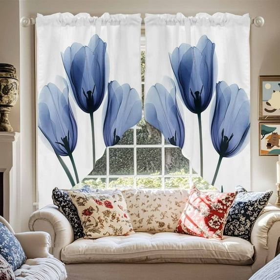 Spring Blue Swag Curtain Valance for Windows, Flowers X-ray Image of Tulips Floral Window Treatments Short Swag Topper for Kitchen Windows Bathroom Bedroom, 36"x45"