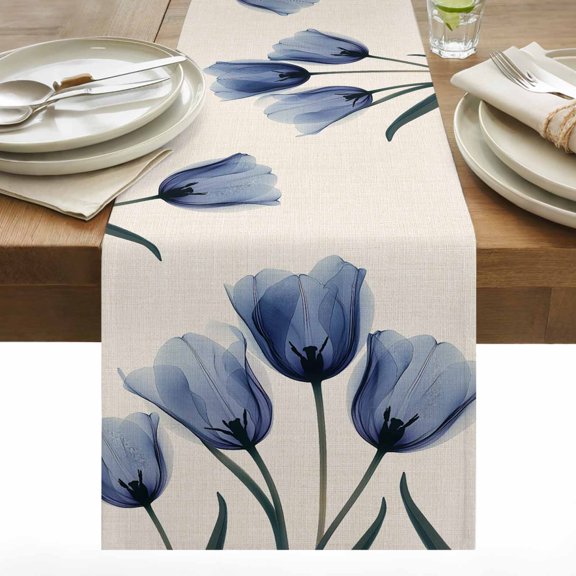 Spring Blue Table Runner 13x36 inch Flowers X-ray Image of Tulips Floral Retro Cotton Linen Dining Table Runner Ideal for Dresser Kitchen Coffee Tables - Machine Washable