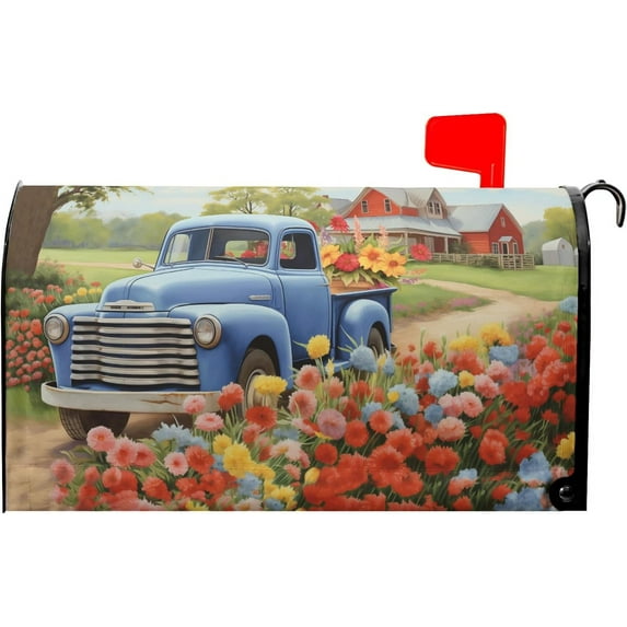 Spring Blue Truck On The Farm Mailbox Covers Magnetic Standard Size 25.5" X 21",Colorful Spring Summer Floral Mailbox Wraps Post Letter Box Cover for Holiday Garden Yard Decor