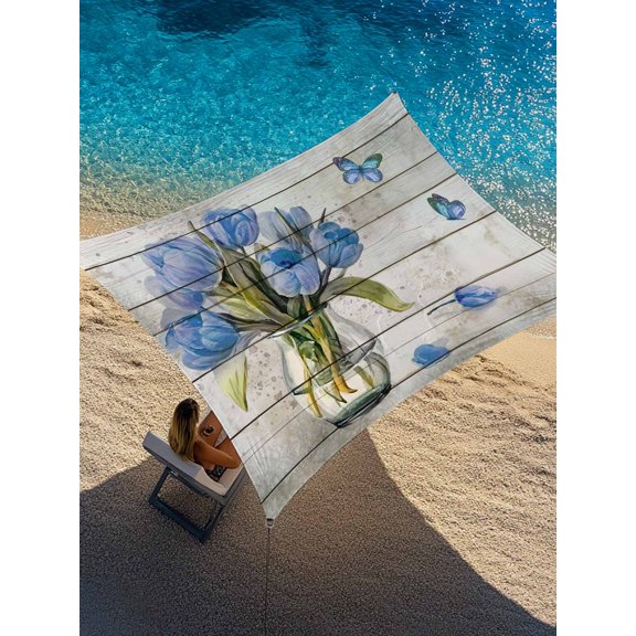 Spring Blue Tulip Sun Shade Sail 6.5' x 10', Vintage Flower Vase Leaf Butterfly Wood Grain Rectangle Outdoor Sunshade Canopy, Waterproof UV Block Patio Covers for Garden Yard Beach