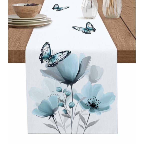 Spring Blue Tulip Table Runner Cotton Linen 108 Inch Holiday Dresser Scarves, Pastoral Botanical Florals Simple Tablerunner for Kitchen Coffee Dining Bedroom Dinner Scarf Décor 13''x108''