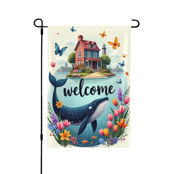 Spring Blue Whale Garden Flag Welcome For Outside Summer Blue Whale In Front Of Blue House With A Lighthouse 1218 In Double Yard Flag Outdoor Farmhouse Decoration Home Festival Gazebo Terrace