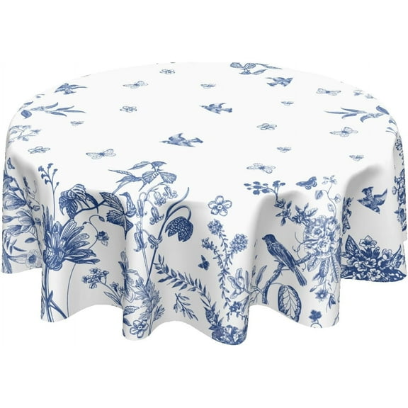 Spring Blue White Floral Round Tablecloth 70 Inch Summer Chinoiserie Flower Bird Circle Table Cloth Rustic Farmhouse Table Cover for Party Kitchen Dinner Home Decor