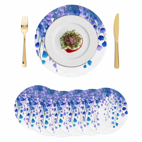 Spring Blue Wisteria Flowers Round 13 Inch Placemats Set of 6, Rustic Floral Branches HeatResistant Non Slip Place Mats for Dining Table, Wipeable Braided Kitchen Table Mats for Housewarming