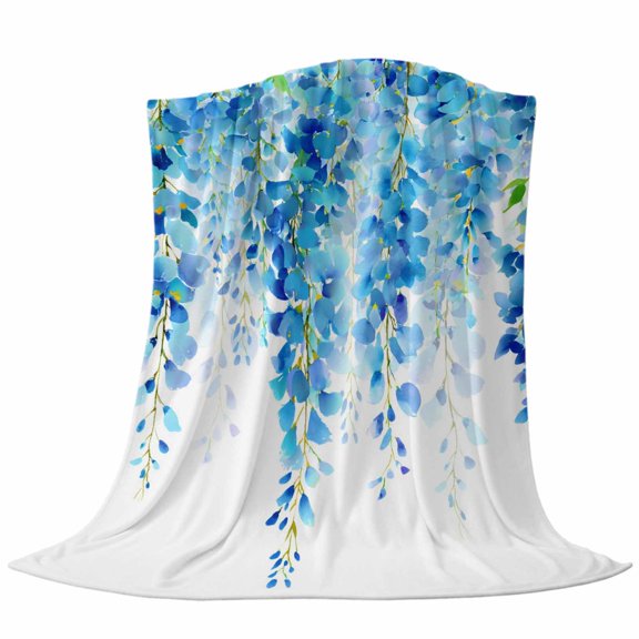 Spring Blue Wisteria Throw Flannel Blanket Watercolor Flowers Green Leaf Gradient Super Soft Cozy Bed Blanket, Lightweight Plush Fuzzy Bed Throw for Bedroom Sofa Couch Living Room 30x40in