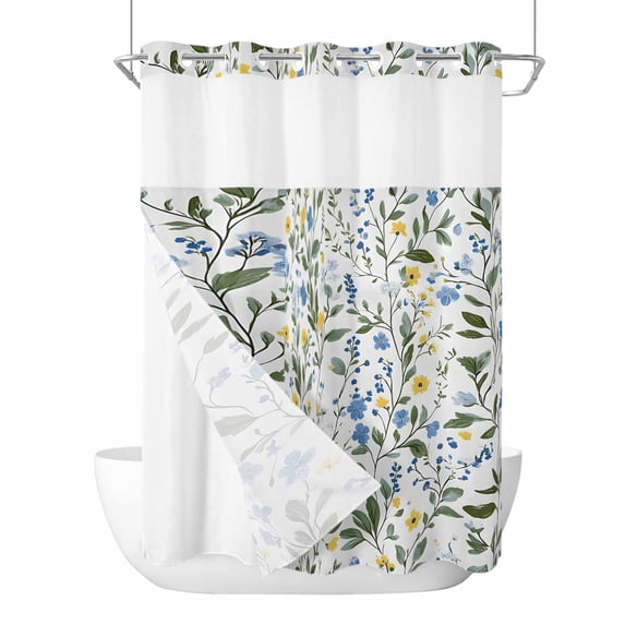 Spring Blue Yellow Flowers No Hooks Shower Curtain with Snap-in Liner Watercolor Leaf Shower Curtains for Bathroom, Waterproof, Easy Install, Washable 72"x96"