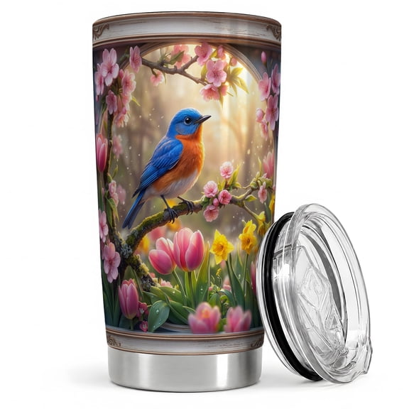 Spring Bluebird Garden 20oz Tumbler, Bluebird Lover Tumbler, Daily Coffee Cup, Orange Chest Bird On Blossom Branch With Tulips And Daffodils, Floral Nature Art, For Women And Men