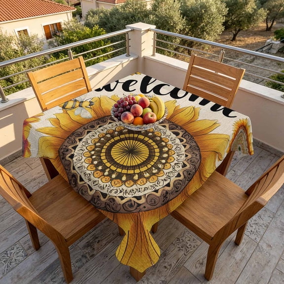 Spring Bohemia Sunflowers on Linen Table Cloth 60x60in, Waterproof Square Tablecloth Wipeable Tablecloths Abstract Flowers Leaves Table Covers for Dining Tables Party Indoor Outdoor