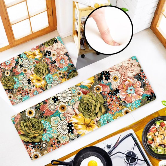 Spring Boho Floral Cushioned Anti Fatigue Kitchen Floor Rugs and Mats Set of 2, Colorful Boho Kitchen Decor Non Slip Mats Washable, Non Skid Kitchen Runner Rug Office Standing Mat