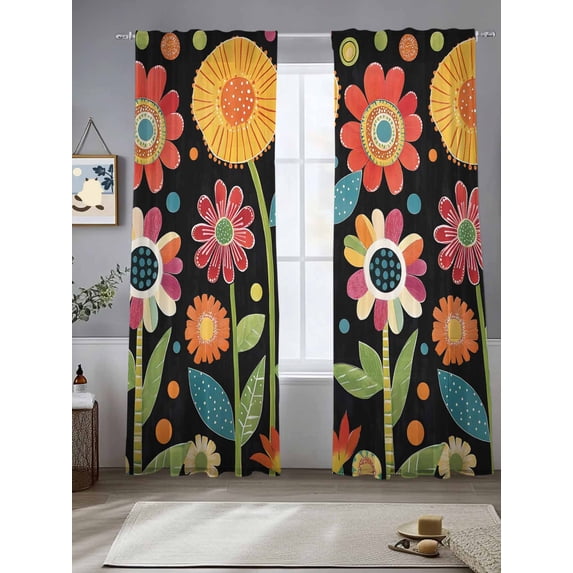 Spring Boho Sheer Curtains 108 Inches Long 2 Panels Colorful Flower Leaves Dots Plant Painting Light Filtering Semi Sheer Window Curtains Drapes for Bedroom Living Room 52"x108"