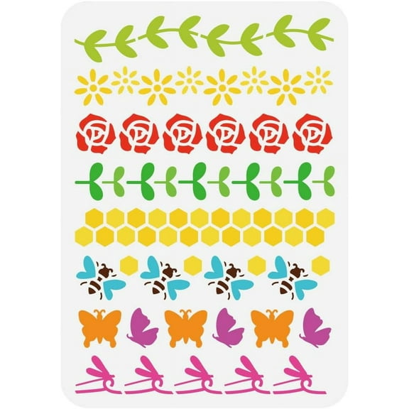 Spring Border Painting Stencil 8.3x11.7inch Floral Designs Border Stencil Daisies Roses Willow Grass Bees Pattern Spring Theme Craft Stencil