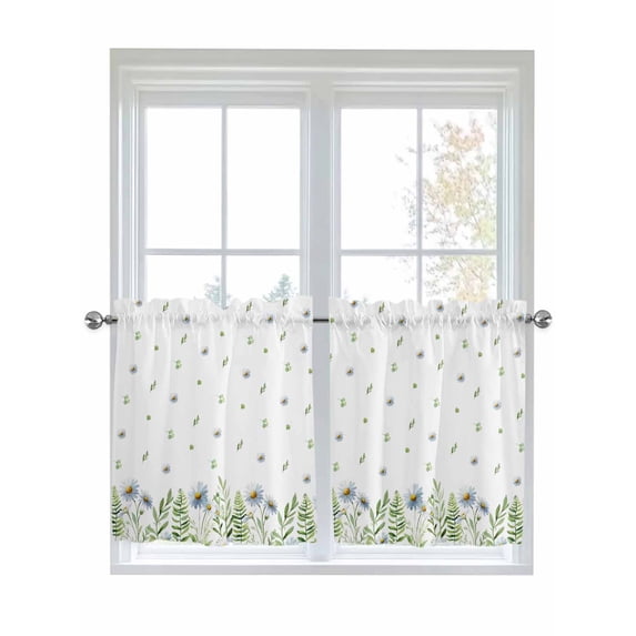 Spring Botanical 2 Panel Kitchen Curtains for Small Windows, Farmhouse Pastoral Daisy Leaves Bathroom Tier Curtain, Short Window Treatment for Bedroom/Living Room 55"x36"