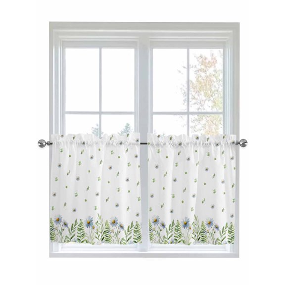 Spring Botanical 2 Panel Kitchen Curtains for Small Windows, Farmhouse Pastoral Daisy Leaves Bathroom Tier Curtain, Short Window Treatment for Bedroom/Living Room 55"x24"